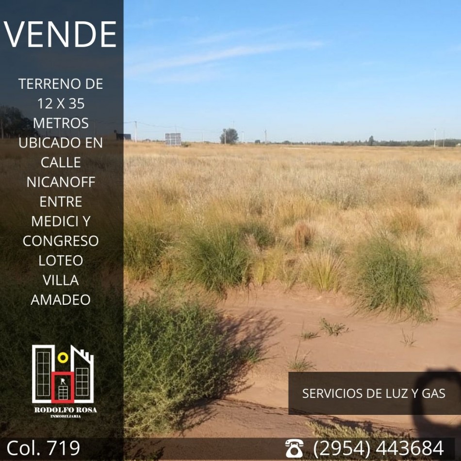 Terreno de 420 metros cuadrados sobre calle Nicanoff, loteo Villa Amadeo, Santa Rosa, La Pampa