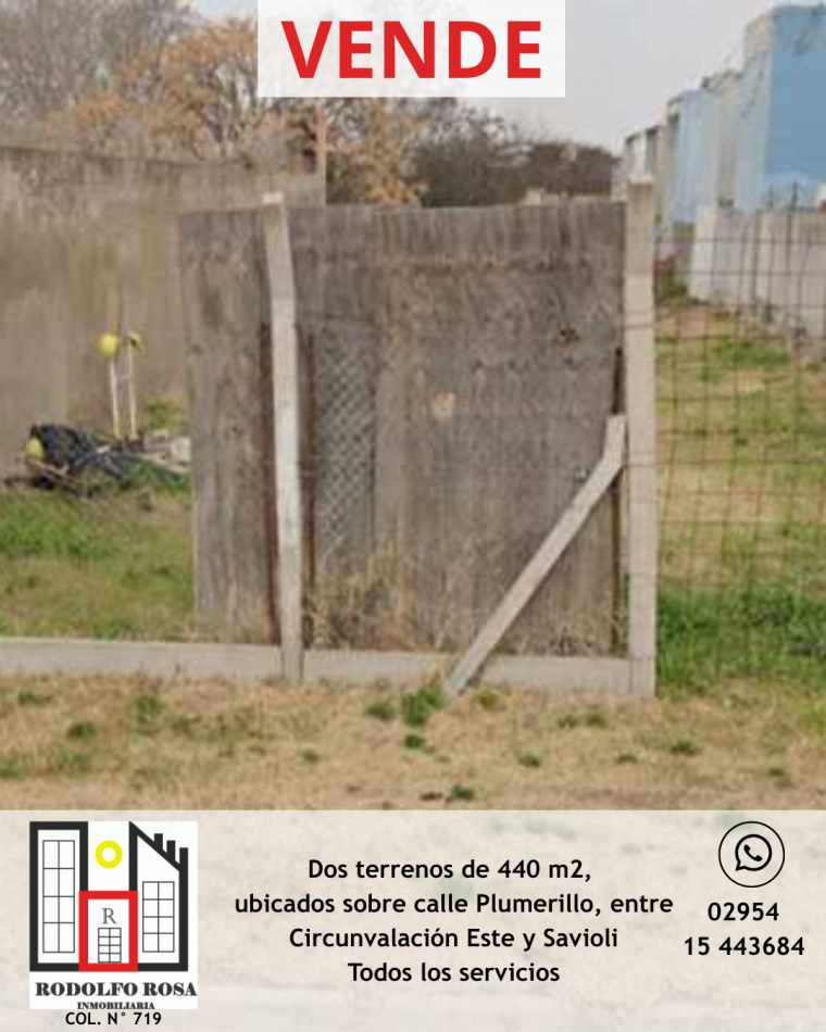 En venta - dos terrenos de 440 m2 cada uno, proximos a Circunvalacion Este, sobre calle Plumerillo, Santa Rosa, La Pampa