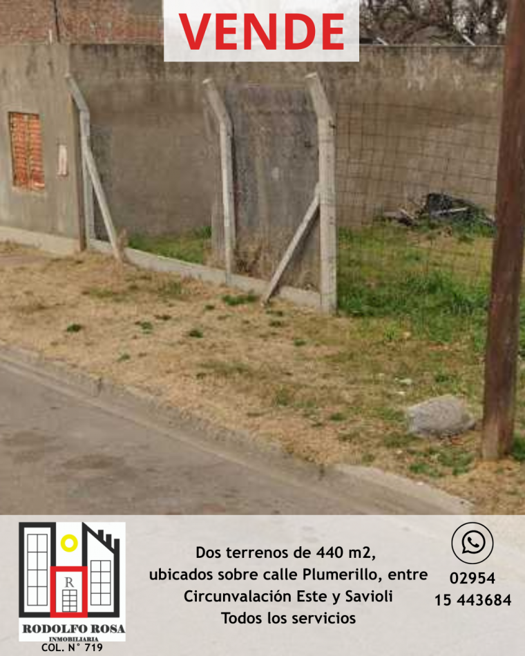 En venta - dos terrenos de 440 m2 cada uno, proximos a Circunvalacion Este, sobre calle Plumerillo, Santa Rosa, La Pampa
